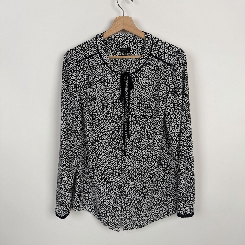 Talbots Womens Tie Neck Blouse Medium Black White Floral Retro Work Office Top